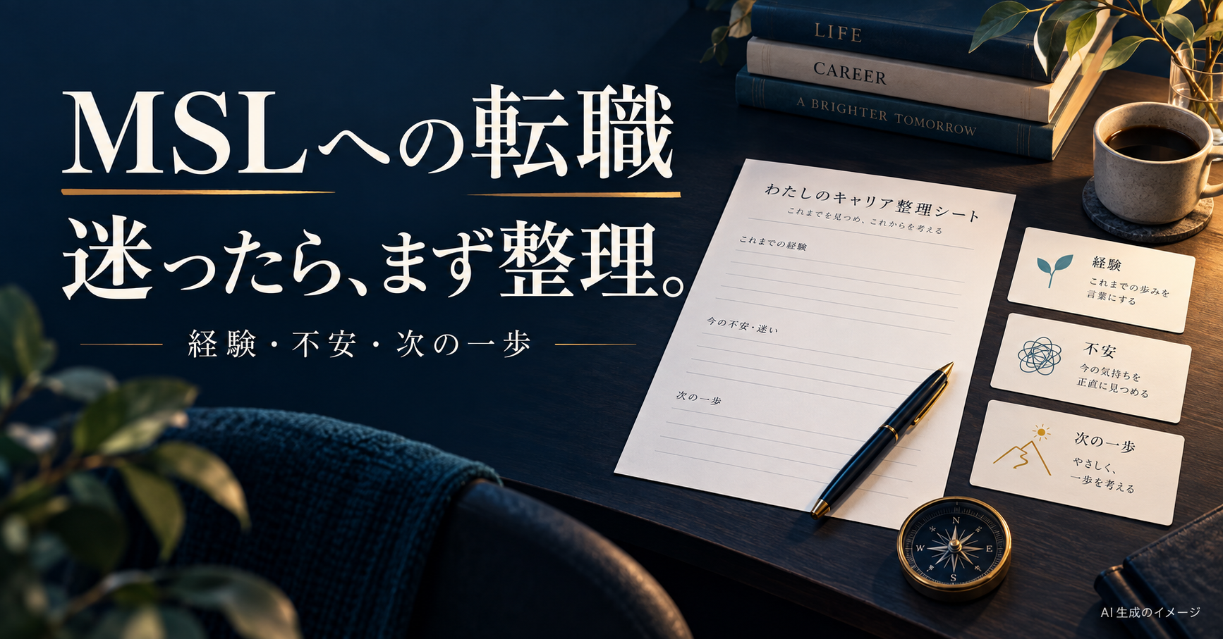 MSLへの転職に迷ったとき、経験・不安・次の一歩を整理するキャリアシート。AI生成のイメージ。